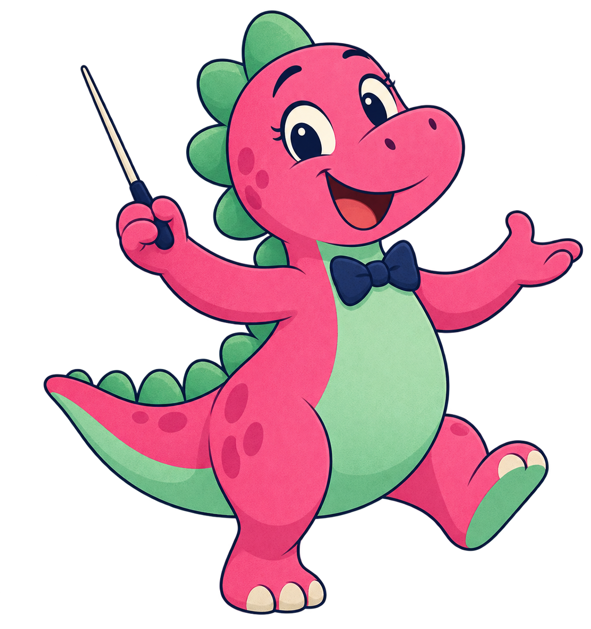 Shimmy, a pink and green dinosaur conductor